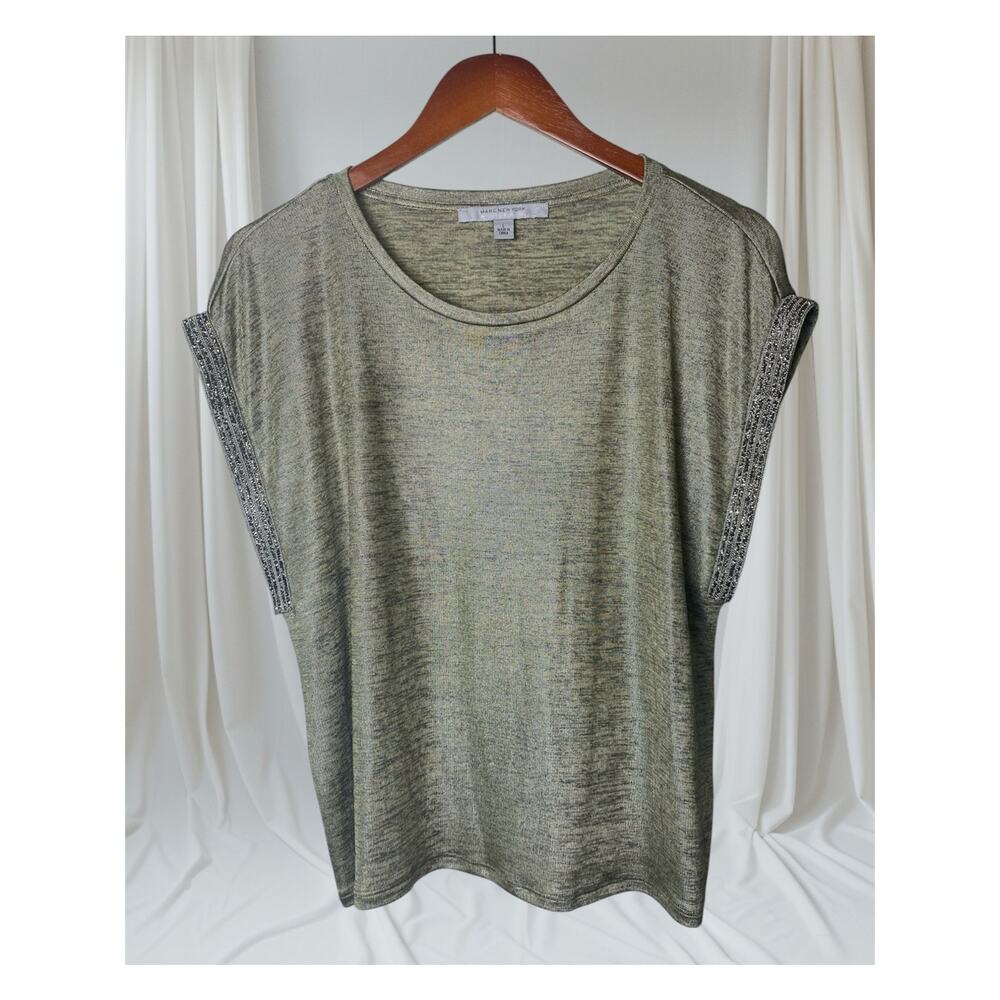 Marc NY Andrew Marc Sage Metallic Diamond Accent Cap Sleeve Blouse Size Large